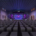 Modern Theater Interior With Neatly Arranged Seats Stage Purple Lighting Background Screens And Grid Ceiling