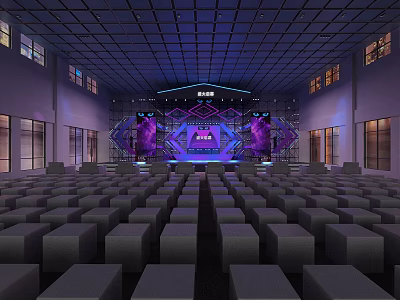 Modern Theater Interior With Neatly Arranged Seats Stage Purple Lighting Background Screens And Grid Ceiling 3d model
