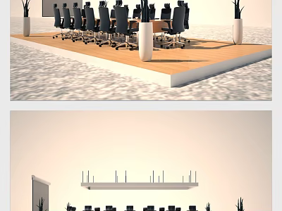 Modern Conference Table Setup With Black Office Chairs And Decorative Plants 3d model