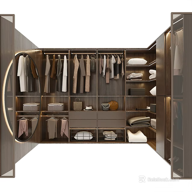 Modern Walk in Closet Design With Hanging Clothes Shelves And Storage Drawers 3d model 