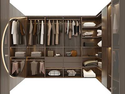 Modern Walk in Closet Design With Hanging Clothes Shelves And Storage Drawers 3d model