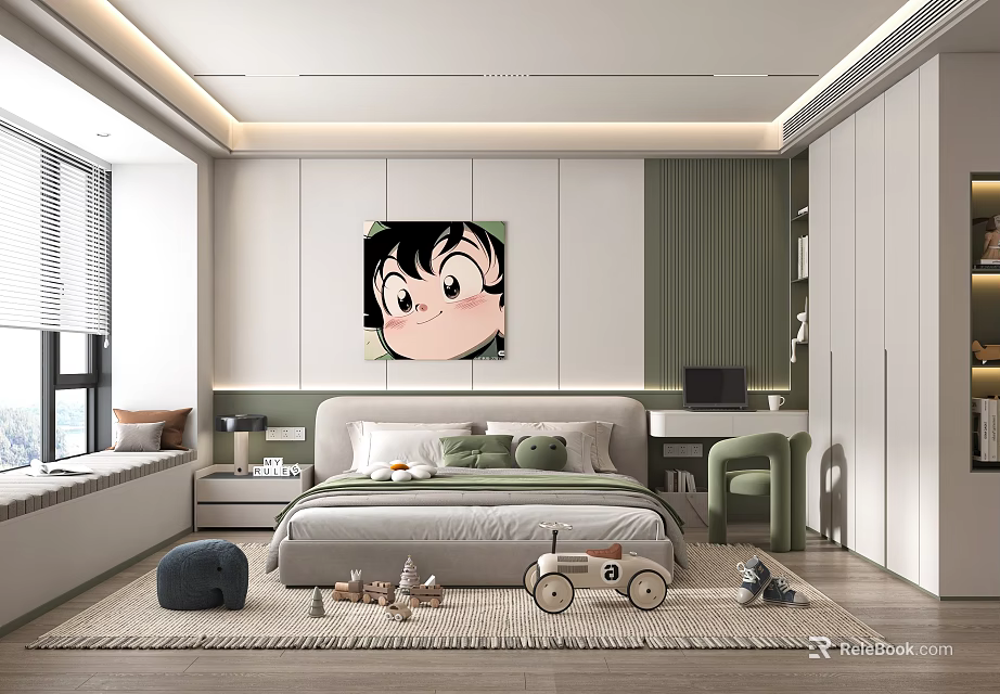 Kids Bedroom Interior With Cartoon Character Painting Green Cushions Bed And Toys 3d model 