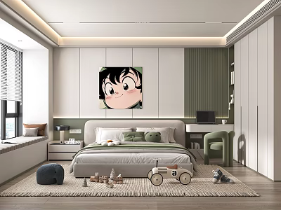 Kids Bedroom Interior With Cartoon Character Painting Green Cushions Bed And Toys 3d model