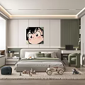 Kids Bedroom Interior With Cartoon Character Painting Green Cushions Bed And Toys