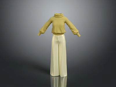 Stylish Yellow Turtleneck Sweater Paired With Beige Wide Leg Pants Outfit 3d model