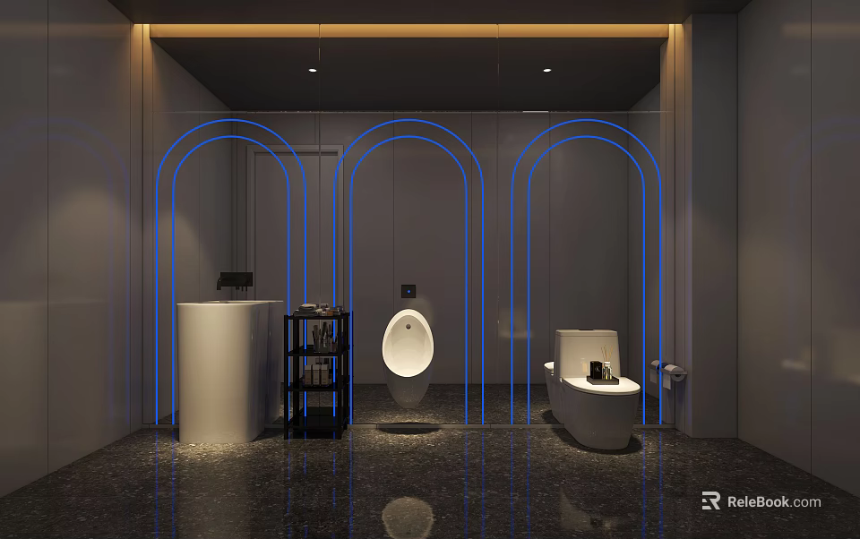 Modern Hotel Bathroom Interior With Arched Design Blue Lighting And Toilet Fixtures 3d model 