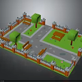 3D Model of Small Courtyard With Orange Fence Green Trees Benches and Lawn Path