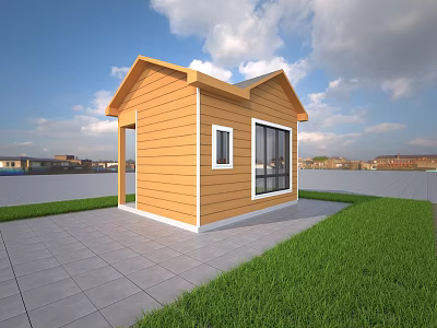 Yellow Wooden House Exterior With Large Windows Small Door Green Grass And Paved Ground 3d model