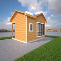 Yellow Wooden House Exterior With Large Windows Small Door Green Grass And Paved Ground