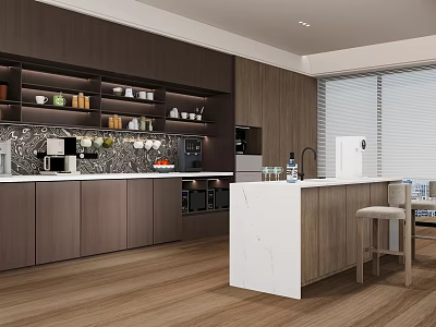 Modern Tea Room With Dark Wooden Cabinets White Marble Countertop Bar Stools And Coffee Machine 3d model