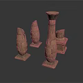 Ancient Stone Sculpture Carvings with Textured Surfaces and Various Shapes on Square Bases