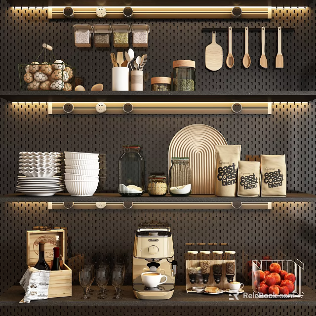 Organized Kitchen Shelves with Utensils Jars Bowls and Coffee Maker 3d model 