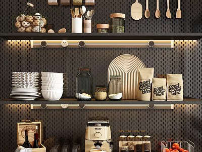 Organized Kitchen Shelves with Utensils Jars Bowls and Coffee Maker 3d model