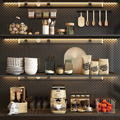 Organized Kitchen Shelves with Utensils Jars Bowls and Coffee Maker 3d model