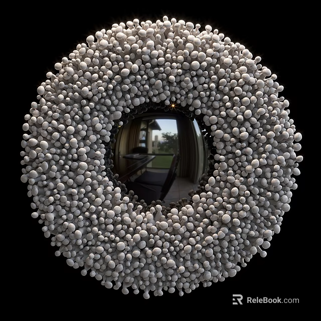 Round Wall Decor Made Of White Spheres With Central Mirror Reflecting Indoor View And Scenery 3d model 