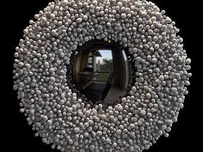 Round Wall Decor Made Of White Spheres With Central Mirror Reflecting Indoor View And Scenery 3d model