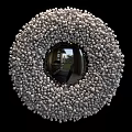 Round Wall Decor Made Of White Spheres With Central Mirror Reflecting Indoor View And Scenery