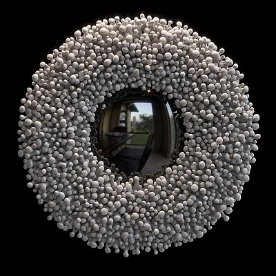 Round Wall Decor Made Of White Spheres With Central Mirror Reflecting Indoor View And Scenery 3d model