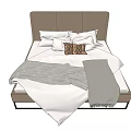 Double Bed With Brown Headboard Patterned Cushion Gray White Blankets Modern Design Black Metal Legs 3d model