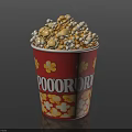 Red Popcorn Bucket With Yellow Patterns And POOORORI Text Full Of Yellow And White Popcorn