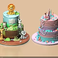 Two Colorful Decorated Cakes With Animal Figurines Green Brown Layers And Pink Purple Frosting