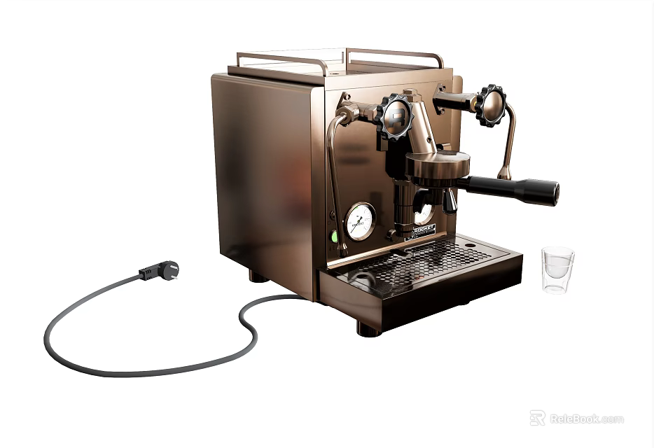 Stainless Steel Espresso Machine Kitchen Appliance With Control Knobs Glass Cup And Power Cord 3d model 