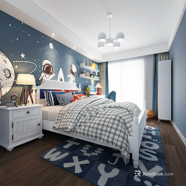 Kids Bedroom with Dark Blue Walls Astronaut Moon Stars Plaid Quilt Alphabet Rug and Bookshelf 3d model 