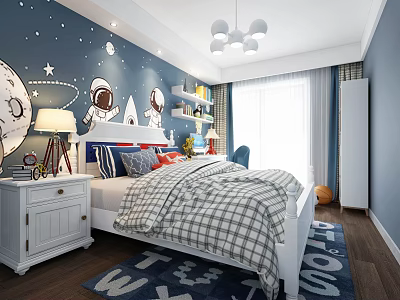 Kids Bedroom with Dark Blue Walls Astronaut Moon Stars Plaid Quilt Alphabet Rug and Bookshelf 3d model