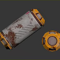 Rusted Metal Cylindrical Devices With Orange Top And Base Red Glowing Sections Standing And Lying