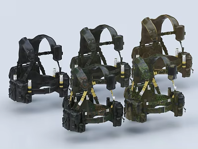 Multicolor Tactical Vests In Black Green Camouflage With Utility Pockets And Adjustable Straps 3d model
