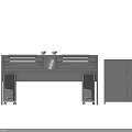 Modern Office Desk With Dual Screens Glass Top Metal Frame Side Cabinet And Plants
