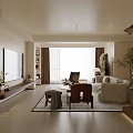 Modern Living Room With Large TV Wooden Stand Patterned Rug Armchair And Decorative Shelves
