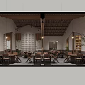 Traditional Restaurant Interior With Wooden Lattice Ceiling And Cozy Dining Area Tables Chairs Hanging Lights
