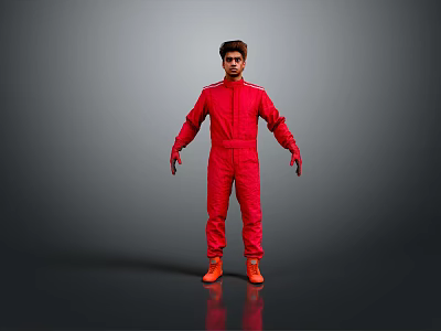 Man in Red Jumpsuit and Orange Shoes Standing Against Grey Background 3d model