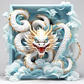 White And Gold Scaled Dragon With Blue Cloud Patterns Surrounded By Clouds And Wave Decorations 3d model