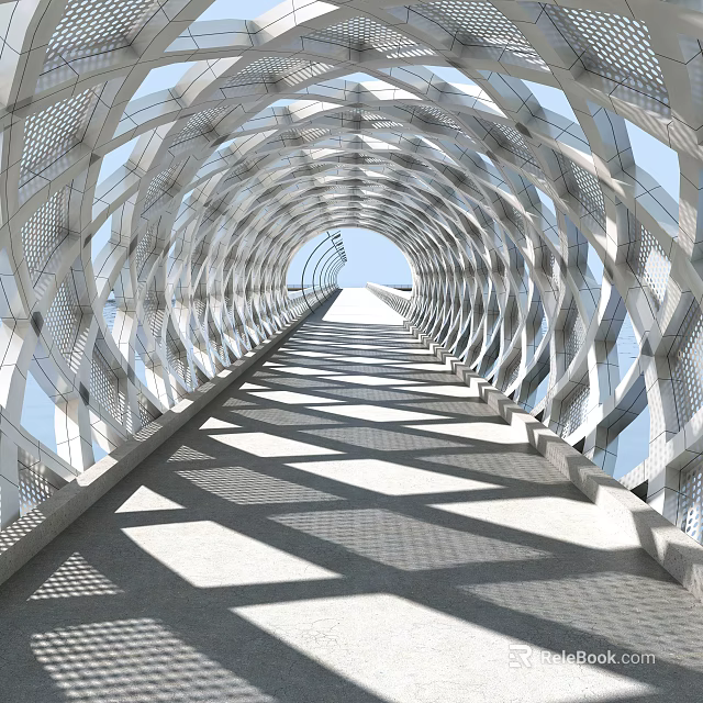 Modern Garden Landscape Featuring Metal Arched Walkway Latticed Frames Sunlight Shadows And Stretching Design 3d model 