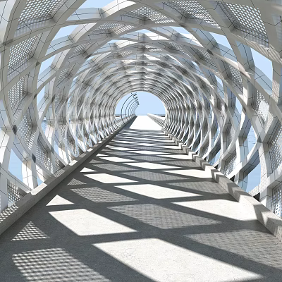 Modern Garden Landscape Featuring Metal Arched Walkway Latticed Frames Sunlight Shadows And Stretching Design 3d model