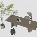 Modern Desk Setup With Laptop Chair Potted Tree And Two Cups