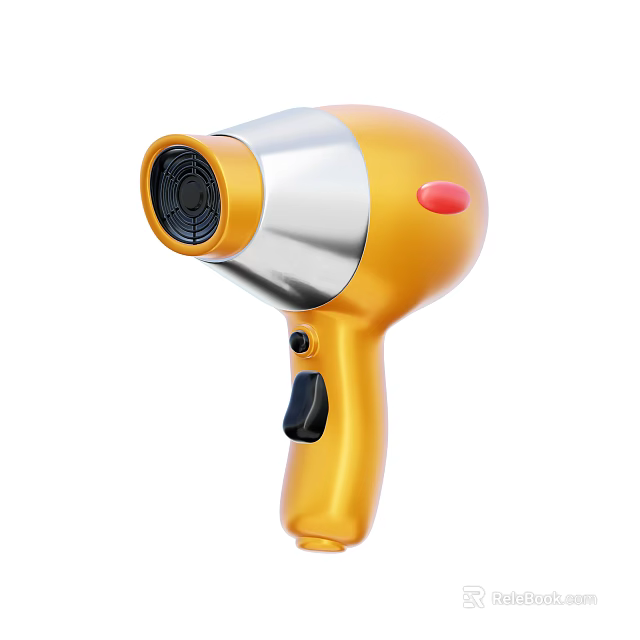 Modern Yellow Silver Hair Dryer With Red Button And Black Switch 3d model 