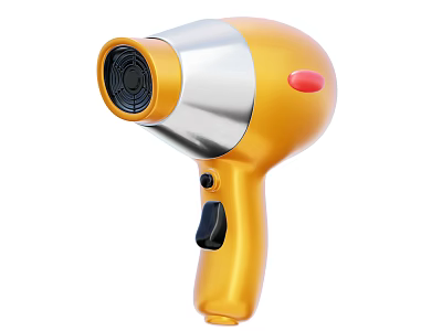 Modern Yellow Silver Hair Dryer With Red Button And Black Switch 3d model