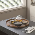 Elegant Glass Teapot Tea Set on Wooden Tray on Dark Table by Window with Blinds