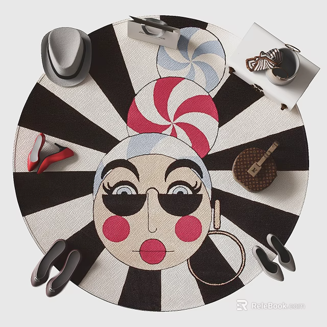 Round Rug With Cartoon Face Design Black White Stripes Red Shoes And Decorative Bags 3d model 