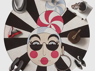 Round Rug With Cartoon Face Design Black White Stripes Red Shoes And Decorative Bags 3d model