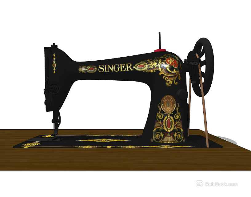 Industrial SINGER Sewing Machine With Black Body And Golden Decorations On Wooden Table 3d model 