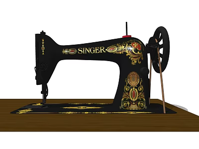 Industrial SINGER Sewing Machine With Black Body And Golden Decorations On Wooden Table 3d model