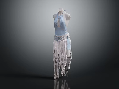 Elegant Women's Light Blue Sleeveless Dress With Fringe Hem And Waist Detail 3d model