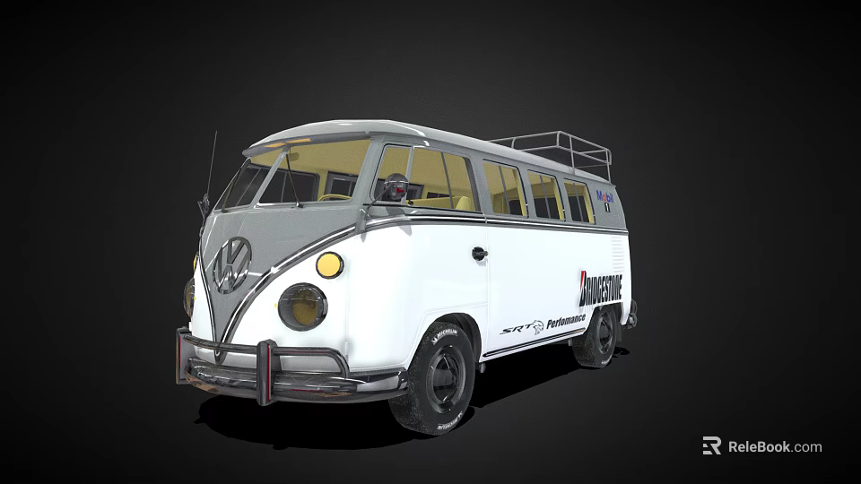 Classic White and Silver Volkswagen Vintage Van With Roof Rack And Garage Logo 3d model 