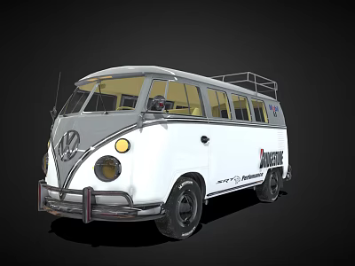 Classic White and Silver Volkswagen Vintage Van With Roof Rack And Garage Logo 3d model