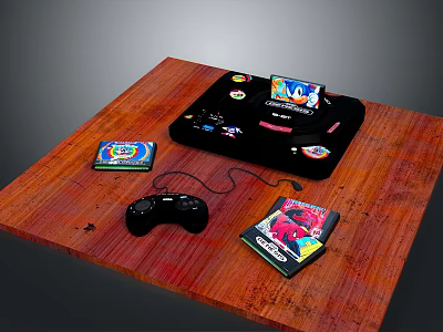 Wooden Tabletop Setup With Black Game Console Controller And Game Discs 3d model