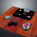 Wooden Tabletop Setup With Black Game Console Controller And Game Discs